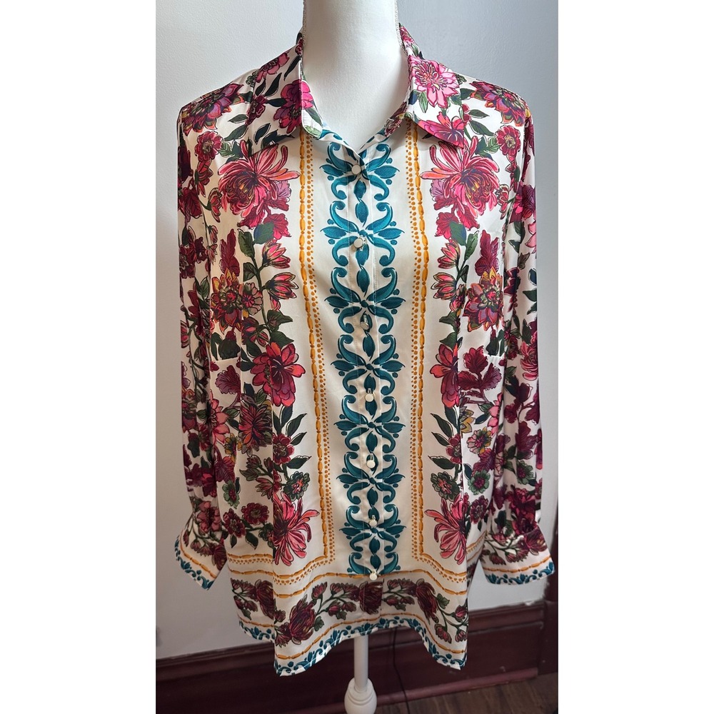 Talbots Plus 1X Floral Scarf Print Satin Blouse Pink Teal Button cottagecore